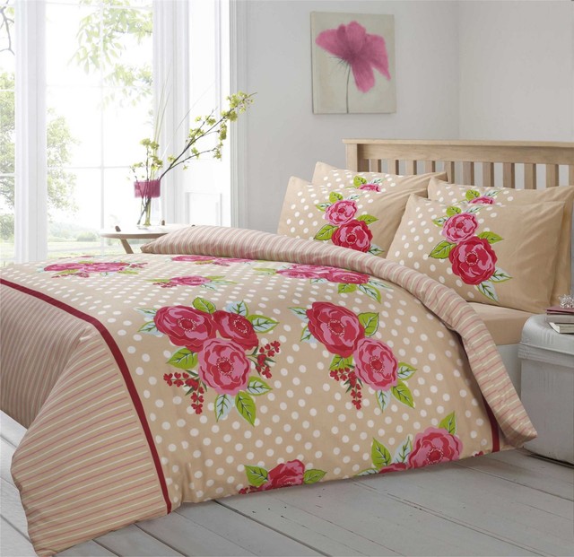 Polka Dot Flowers Floral Lines Beige Pink White King Size Duvet