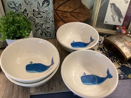 Shard PotteryRound Whale Design 6 3/4β Bowls Set Of 4 Nautical π³ - Picture 2 of 5