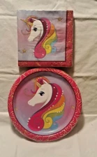 One Set of Party Paper Plates (18) and Napkins (20) - Pink Unicorn- 