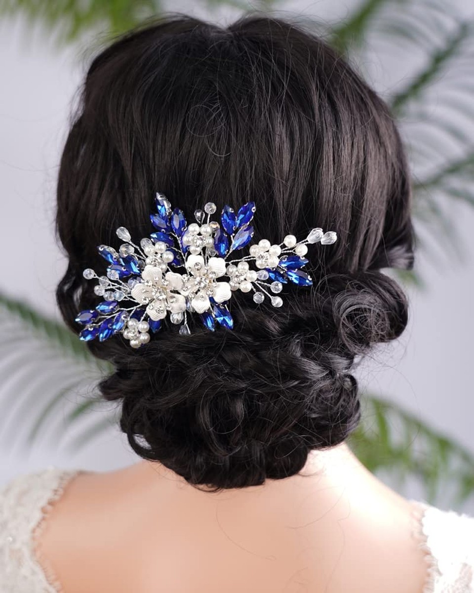 Silver Flower Blue Rhinestones Beads Hair Comb for Women  display picture 3