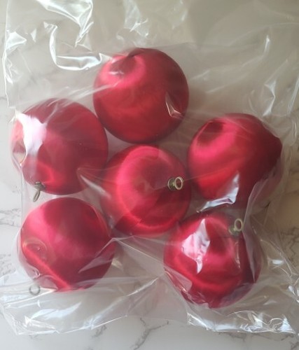 Vintage Lot of 6 Plastic Satin Ball Christmas Ornaments Red A13