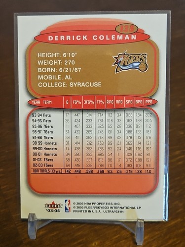 2003-04 Fleer Ultra Base Derrick Coleman Philadelphia 76ers #135 - Picture 2 of 2