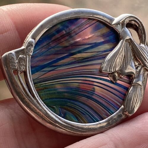 PAT CHENEY Sterling SILVER Art NOUVEAU GLASS Brooch pendant Colorful Flower - Picture 3 of 12