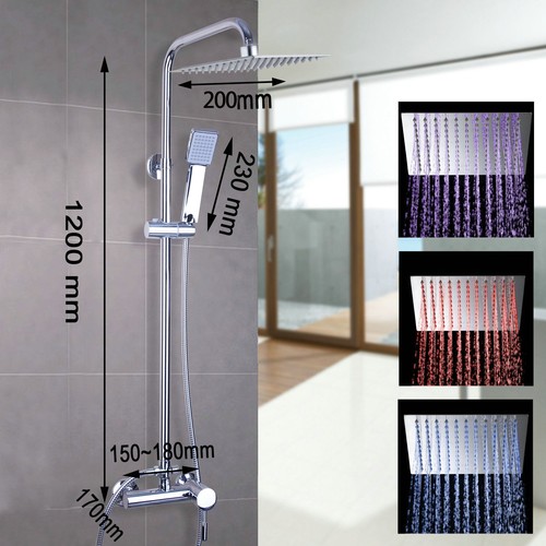 8" LED Badezimmer Dusche Wasserhahn Set Regen Quadratischer Kopf Handgehalten Spary Mixer Wasserhahn - Bild 2 von 11