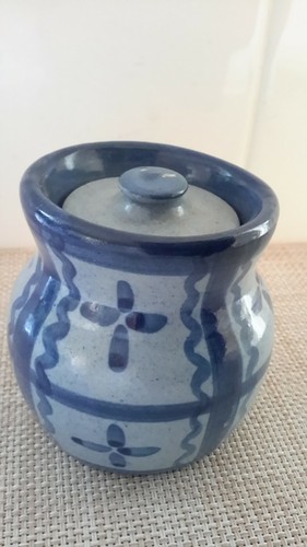 Handmade Hand Painted Ceramic Covered Dish Jar Blue Signed On Bottom Pre-owned - Picture 3 of 11