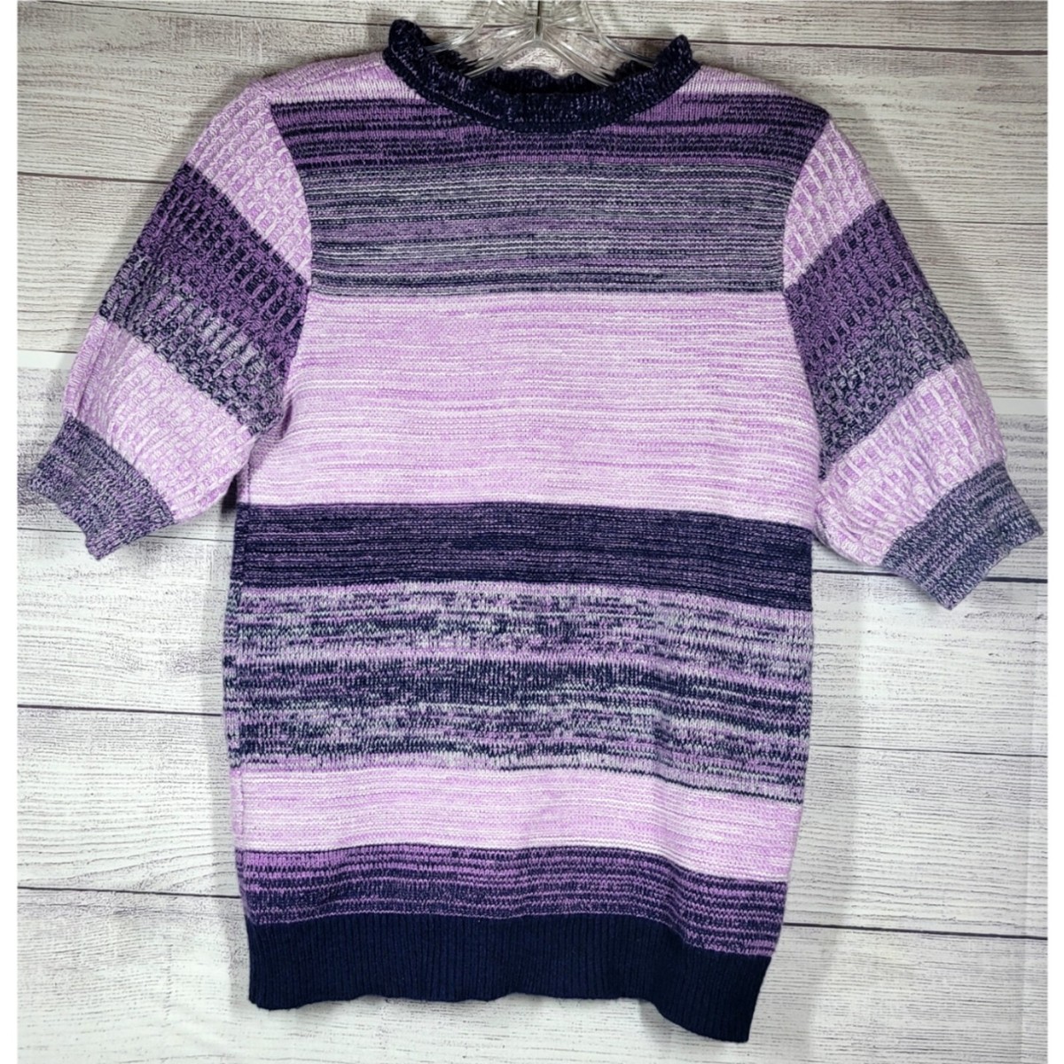 Halogen Clara Striped Short Sleeve Sweater Size XS Purple Ruffled Mocked  Neck