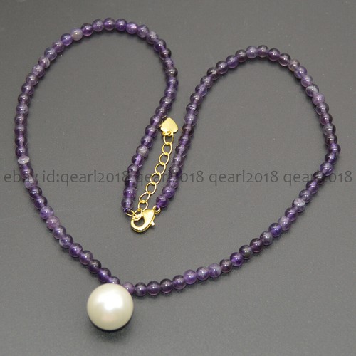 4mm Natural Assorted Gemstone 14mm Round White Shell Pearl Pendant Necklace 18'' - Picture 145 of 198