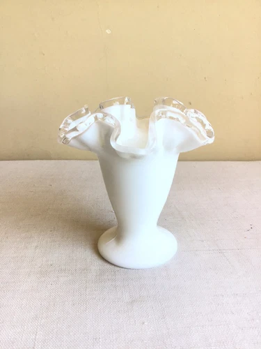 Vtg Fenton Silver Crest Ruffled Edge Milk Glass Footed Trumpet Vase 3.75" Tall