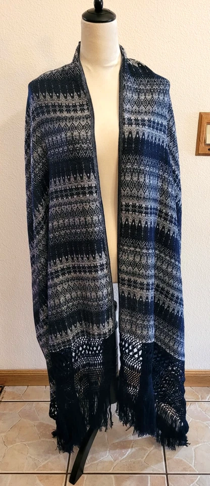 Traditional Mexican Rebozo| Blue Handcrafted Shawl with Fringe |Geometric | Wrap - Image 3 of 3