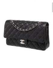 Chanel Black Quilted Caviar Medium Classic Double Flap Bag Silver Excellent