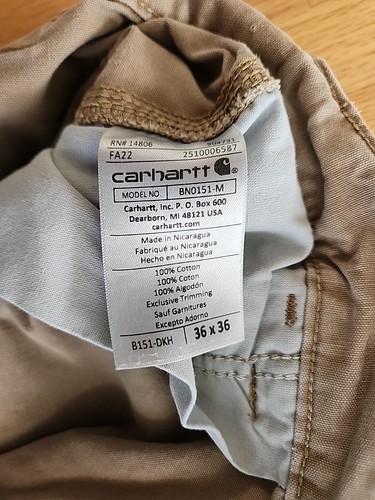 Carhartt Canvas Work Pants Dungarees B151 DKH 36 x36 Khaki Flat Front Carpenter - Picture 10 of 15