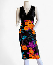 D&G Women Black Floral Lace Sheer V-Neck Sleeveless Sheath Midi Dress Sz 34