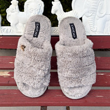 bebe Women s Gray Faux Fur Slide Slippers Open Toe Logo Size 6