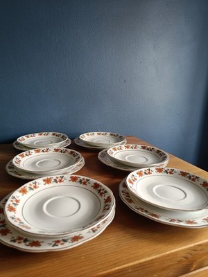 Vintage Liling Porzellan Teller & Untertassen Set x12 Retro Orange Blumen Tee Beilagenteller