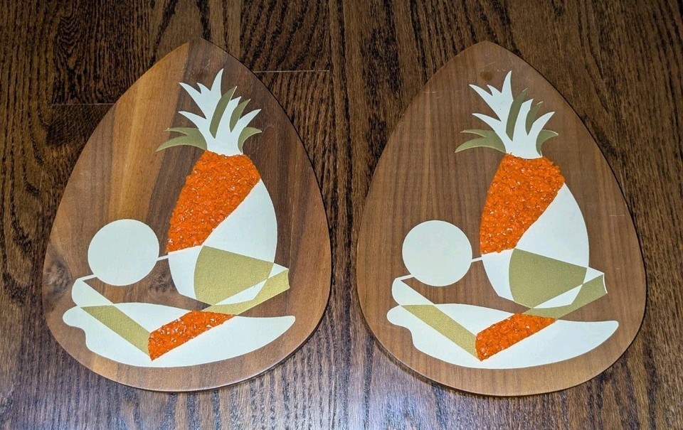 2 Mid Century Modern 1960s Atomic Tear Drop Pineapple Walnut Wall Hang Plaques 