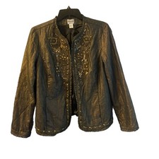 Chico  s Beaded Jewels Jacket Gold Metallic Shimmer Hook Eye Front Size 2 Cotton