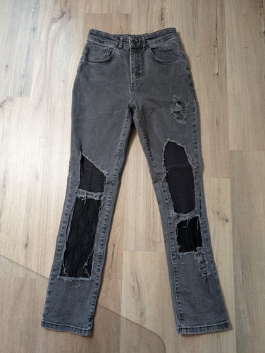 The Ragged Priest Size 28 Distressed Patched Fishnet & Lace Black Jeans Stretch
