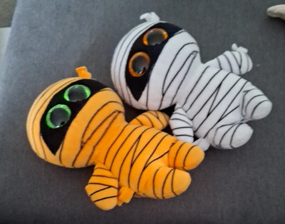 2x TY Beanie Boos 'Mask' & 'Mummy' Orange/White Halloween Mummy Soft Toy Plush