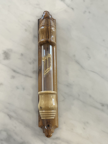 Beautiful 7" Olive Wood Mezuzah Case, gold-tone Shin, Clear tube, from ISRAEL - Bild 1 von 6