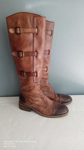 Leather Knee High Boots Buckle Accent Lace Up Brown Riding Style - Picture 4 of 9