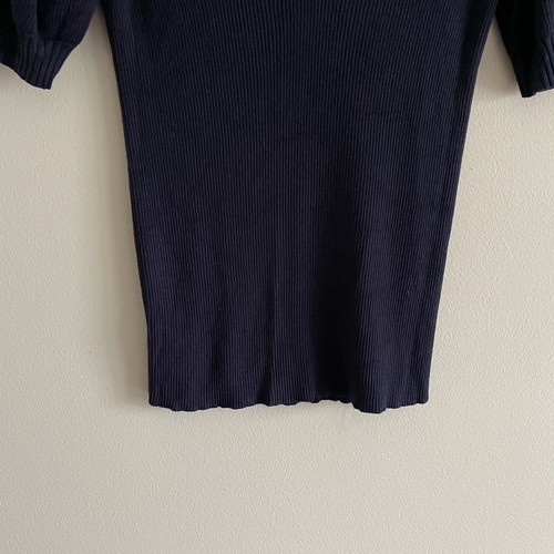 Ann Taylor Factory Women S Navy Blue Ribbed Knit Puff Sleeves V-Neck Sweater - Picture 2 of 8