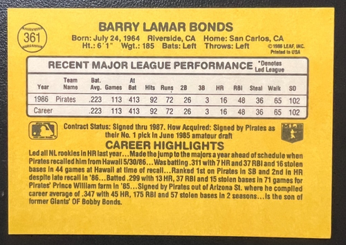 Donruss Baseball 1987 #361 Barry Bonds novato Pittsburgh Pirates casi como nuevo - Imagen 2 de 2