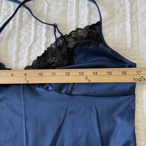 Luxury Mini Slip Dress Blue With Black Lace Trim Women's Sexy Coquette Size M - Picture 5 of 7