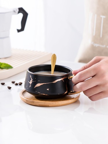 Paquete de 2 tazas de café Jusalpha doradas con estampado a mano en blanco y negro con bambú... - Imagen 4 de 9