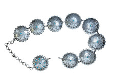 VTG Southwest CONCHO Style Etched Silver Tone Faux Turquoise Chain Belt 37.5"