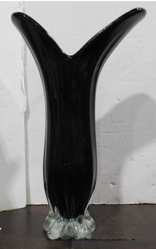 Handgezogene 16" schwere schwarze Kunstglasvase klarer Fuß Vintage mundgeblasen Entenschnabel - Bild 3 von 11