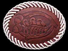 IA01143 VINTAGE 1970s OVAL-SHAPED *ACORN PRINT* LEATHER BUCKLE