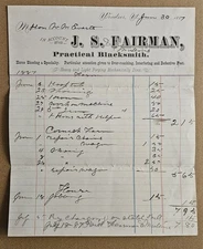 Antique Vintage J.S Fairman "Practical Blacksmith" Windsor VT Receipt Dated 1887