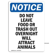 Do Not Leave Food Or Trash Out OSHA Notice Sign Metal Plastic Decal