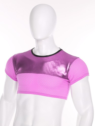 Mens Blouses Training Crop Tops Wetlook T-shirt Gym Shiny Patchwork Stylish - Picture 63 of 84