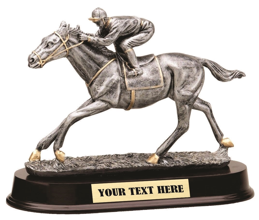 HORSE RACING JUMPING RESIN TROPHY SCULPTURE AWARD MRF2091SG FREE ENGRAVING HORSE RACING JUMPING RESIN TROPHY SCULPTURE AWARD MRF2091SG FREE ENGRAVING