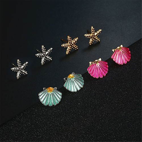 4 Pairs/Set Cute Starfish Shell Small Ear Stud Earrings Summer Beach Jewelry - Picture 8 of 9