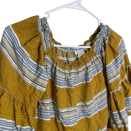 Blusa Passport Para Mujer Pequeña Rayas Mostaza Acampanada Cuello Redondo Top Informal Boho - Imagen 6 de 8
