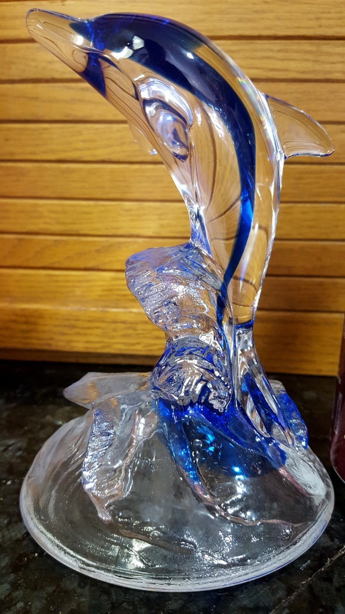 1 ONLY! COBALT & CRYSTAL Art Glass DOLPHIN LEAPING WAVES Figurine