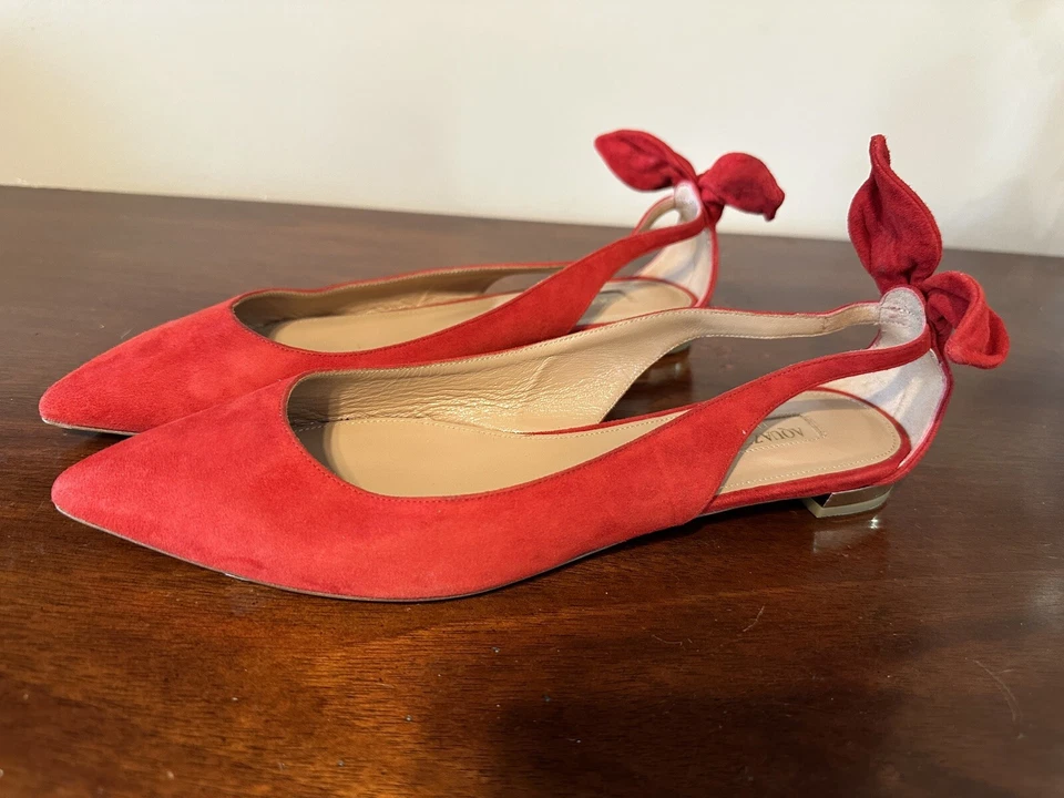 Aquazzura Ladies Bow Tie Red Suede Ballet Flats Sz 37 - No Box Tried On In Store - Image 3 of 4