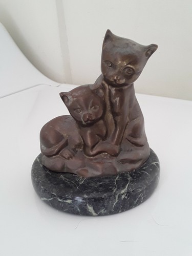 Vintage Bronze Figurine Statue On Marble Base, Two Cats, Heavy, 5 3/8 in, Patina - 第 1/11 張圖片