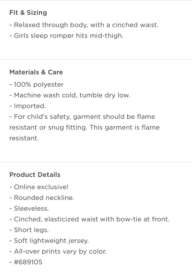 Old Navy Niños Niñas XS (5) Jersey Sin Mangas Pijama Mameluco... Venta al por menor $30... Nuevo con etiquetas Foto 2 de 2