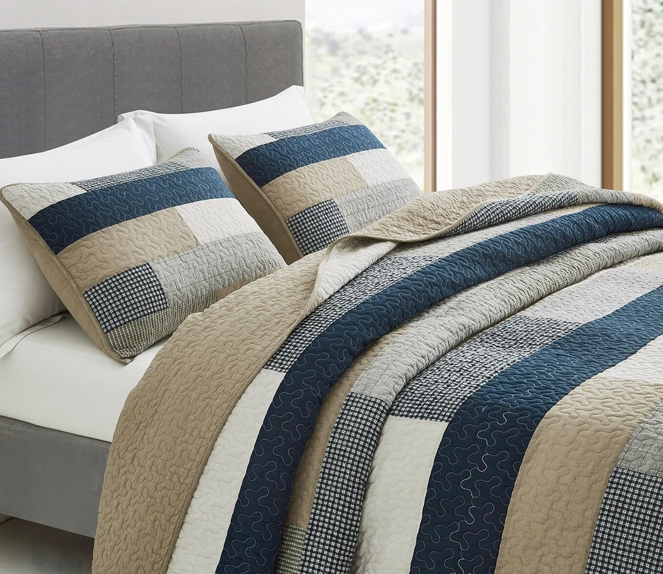 Juego de colcha edredón de algodón lavado con piedra retazos a cuadros colección Chezmoi Foto 3 de 4