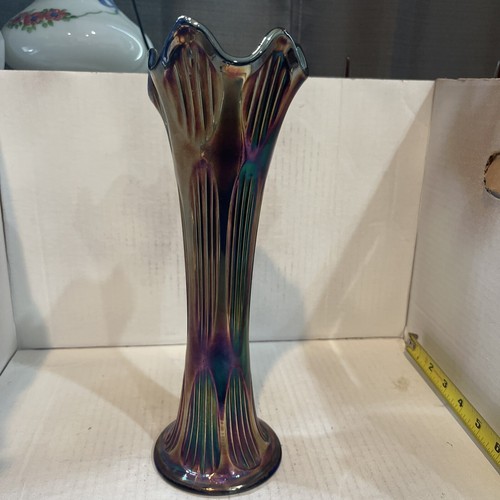 Vintage Fenton Diamond & Rib Cobalt Blue Carnival Glass Swung Vase Apprx 10 3/4” - Picture 2 of 12