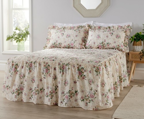 Rose Garden Classic Quilted Fitted Floral Bedspread Lightweight Layer w Valance - Picture 2 of 4