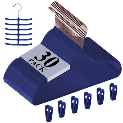Premium Velvet Clothes Hangers 30 Pack w/ Clips & Tie Rack Space Saving