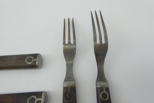 Wood Handle Pewter Inlay Northampton Atlantic Works Unbranded Forks Knives Old - Afbeelding 13 van 15