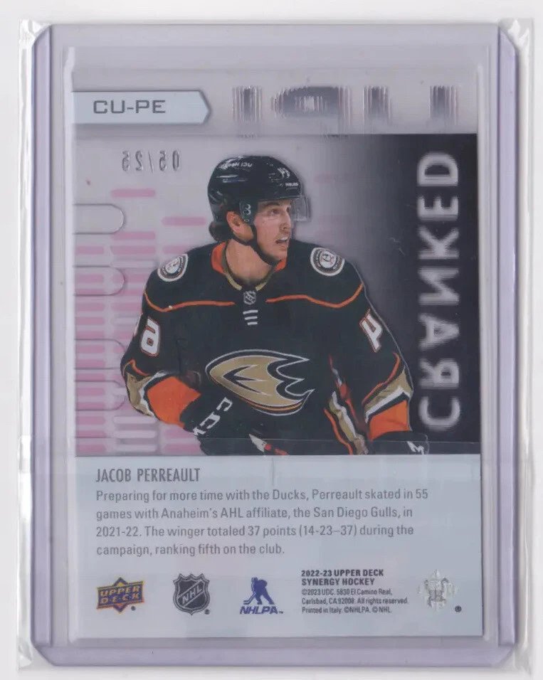 2022-23 UD SYNERGY CRANKED UP! PINK PARALLEL 5/25 JACOB PERREAULT #CU-PE DUCKS - Image 2 of 2