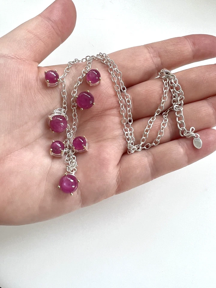 Colar Berloque Cabochão Vintage Prata Esterlina Rubi Rosa Safira 18,1" - Imagem 2 de 4