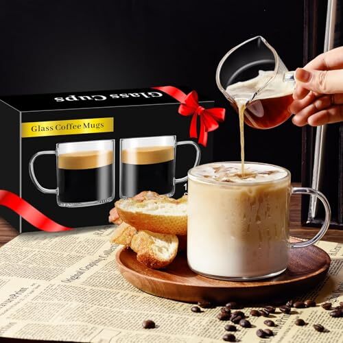 Klar Kaffeebecher 14oz, Glas Kaffeetassen 2er Set, große Glas Kaffeetassen mit - Bild 3 von 8