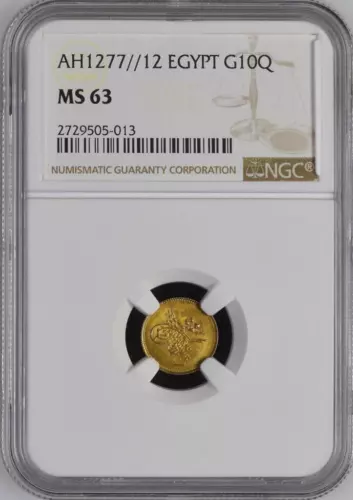 EGYPT - OTTOMAN , GOLD 10 QIRSH SULTAN ABDUL AZIZ 1277/12 AH NGC MS 63 , RARE